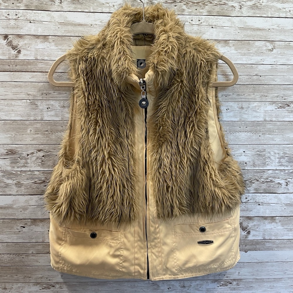 Jamie Sadock Womens M Vest Reversible Faux Fur Zip Front Ecru Peach Pockets - Picture 15 of 16